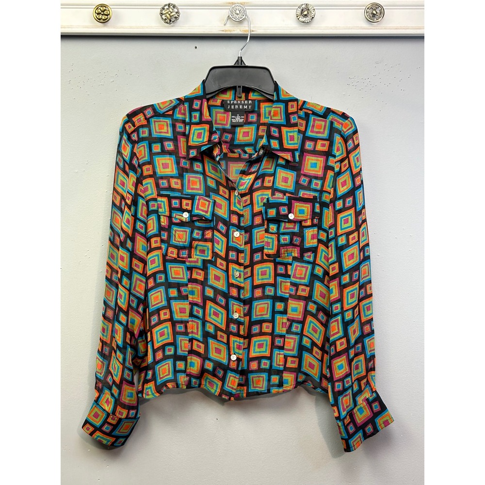 Spenser Jeremy Shirt Women Medium Multicolor Silk Geometric Square Button Blouse